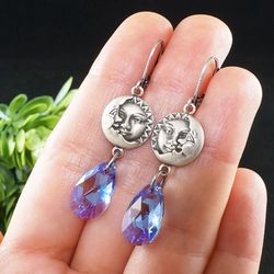 Sun Crescent Moon Earrings Silver Celestial Blue Lilac Lavender Purple Violet Swarovski Crystal Earrings Jewelry 7976