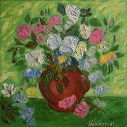 Vincent Roses Van Gogh Style Original Hand Made Oil Painting Floral Art Canvas Panel Artwork 12х12 by NadyaLerm