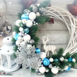 White and blue Christmas wreath, Blue and silver wreath, Deer Christmas wreath, Blue Chtistmas wreath for front door