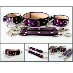 Purple leather bondage bdsm set Submissive kit slave collar cuffs and two connectors