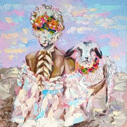 farm painting lamb original art woman oil painting small artwork