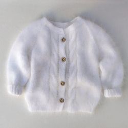 White baby cardigan Angora baby sweater Hand knitted newborn clothes White baby girl outfit Baby boy gift