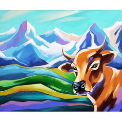 Cow Painting Alpine Mountains Original Art Animal Artwork Landscape Wall Art 20 by 24 in