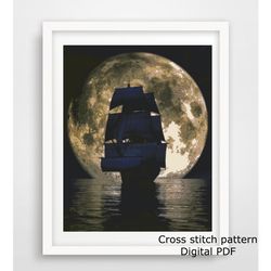 Night seascape cross stitch PDF pattern, Full moon embroidery design, Instant download, DIY and craft