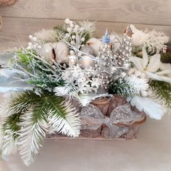 Christmas floral arrangement, Christmas gift, White and silver Christmas table décor, Christmas table centerpiece