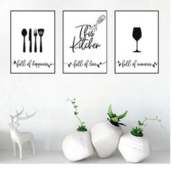 Kitchen Decor Wall Art Kitchen Print Set of 3 This kitchen is Full of Happiness Love Dining Room Print Housewarming Gift