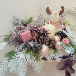 Christmas floral arrangement, Christmas gift, Pink and silver Christmas décor, Christmas centerpiece for dining table