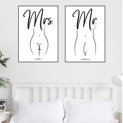 Bedroom Wall Art Decor Mr & Mrs Prints Minimalist Funny Poster Mrs Right Mr Always Up Couple Gift Quote Print Set Funny