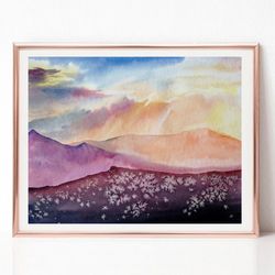 Sunset Art Abstract Art, Landscape Watercolor Painting, Original Art, Mountain Painting, Best Wall Art for Living Room