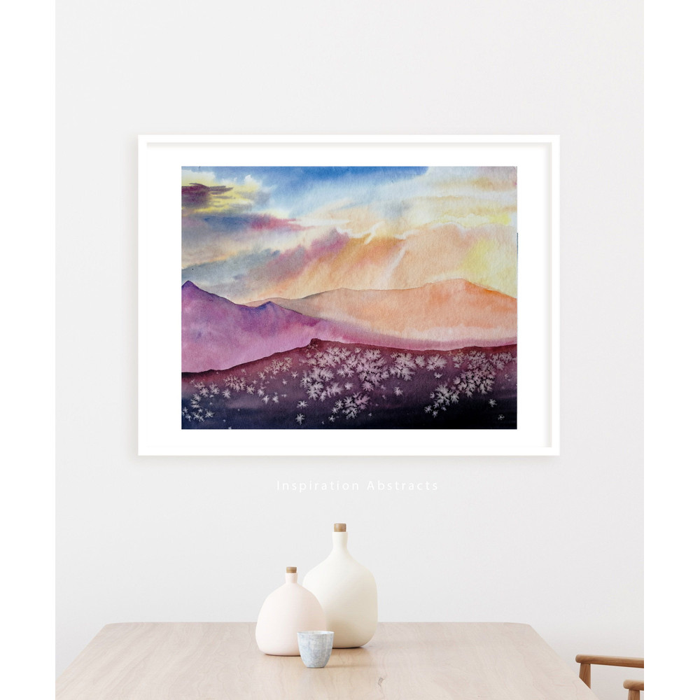 Serene Mountain Painting, Zen Wall Art, Large Watercolour Print, Coastal wall Art, Abstract Art, Instant Download, Horizontal Wall Art.jpg