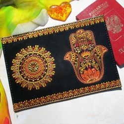 Passport holder leather, Painted passport case, Hamsa hand, Hand of Fatima, Hand of Miriam, Hamsa evil eye, Hamsa Symbol