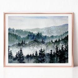 foggy forest painting, neutral landscape watercolor painting, original art, pine tree art, best wall art for living room