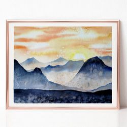 Abstract Art, Sunset Art Landscape Watercolor Painting, Mountain Painting, Original Art, Best Wall Art for Living Room