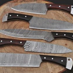 Custom Handmade Forged Carbon Steel Chef Knives Sets with Natural Wood