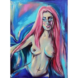 Mermaid Painting Fantasy Original Art Erotic Artwork Nude Woman Oil Canvas