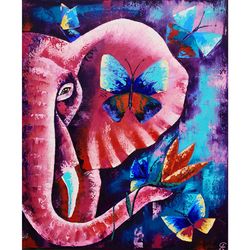 Pink Elephant Painting Animal Original Art Butterflies Artwork Kids Room Wall Art
