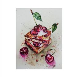 cherries fruits painting original watercolor art work realistic still life for the kitchen cake painting