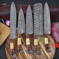 Custom Hand Forged Damascus Steel Knives Set With Camel Bone
