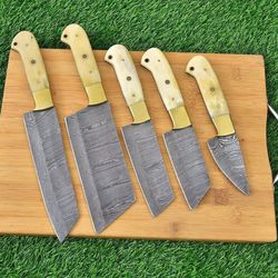 Custom Hand Forged Damascus Steel Knives Set With Camel Bone
