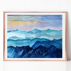 Sunset Art, Modern Landscape Watercolor Painting, Mountain Painting, Original Art, Best Wall Art for Living Room