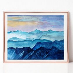 sunset art, modern landscape watercolor painting, mountain painting, original art, best wall art for living room