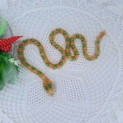 Shiny Snake Necklaces Crochet Gold Shiny Snake Jewelry Snake Beaded Necklace SNAKE Lariat Green Floral Print Snake Rope