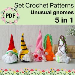 Set 5 Gnomes Crochet Patterns Amigurumi, Whimsical Gnomes Amigurumi Pattern