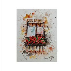 City Landscape Painting Original Watercolor Art Work Italy Street Painting Floral Geranium City Landscape