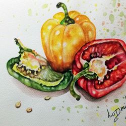 Still Life With Peppers Original Watercolor Painting On Fabriano Watercolor Paper 300 g