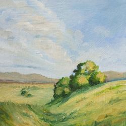 neutral landscape painting farm original art meadow oil painting hanging picture rural painting by paintingmosaic