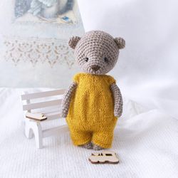 Baby bear doll in a yellow jumpsuit, Gift for kids, Kids room decor, Stuffed animals with clothes, Woodland toy
