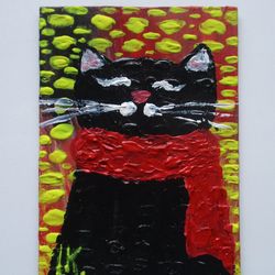 Original Painting Fluffy Black Cat in Scarf  ACEO Art Cat Lovers Art Collectible Pet Lovers Art