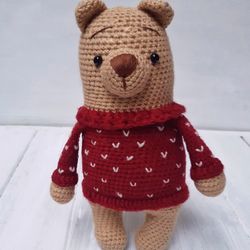 Hand Crochet Funny Christmas Caramel&Burgundy Bear  Stuffed Animal Toys Softy Knit Christmas Gift