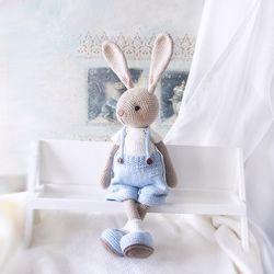 Rabbit doll in pants and shirt, Bunny stuffed animal toy for kids, Woodland Nursery Decorative Doll, Animal Toy