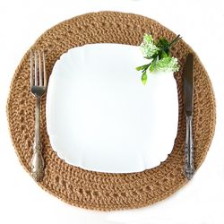 Jute crochet placemats, Round jute placemats, Crochet table mats, Eco-friendly table napkins, Set of 6
