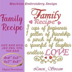 Family Recipe Machine embroidery design in eight formats and four sizes