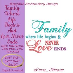 Family Where Life Begins And Love Never Ends Machine embroidery design in eight formats and five sizes