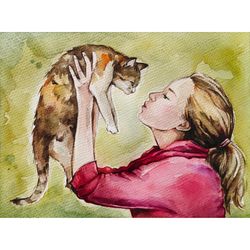 Cat painting pet original art girl with cat watercolor artwork young woman portrait animal art hugs wall art by AlyonArt