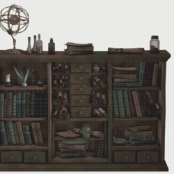 pdf counted vintage cross stitch pattern | wooden shelf with books | 4 sizes