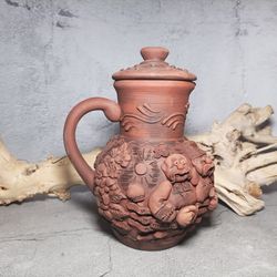Pottery clay Jug 50.72 fl.oz Handmade red clay Wine container Brown jug with lid