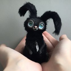 Black Rabbit Halloween ART Doll Ooak rabbit plush toy fantasy animal miniature bunny doll horror creature collectible