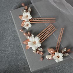 Rose Gold floral hair pin / Set of 3 small bridal hair piece / Boho wedding hair piece / Flower hair comb h27