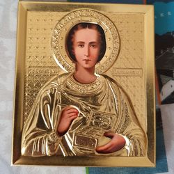 Saint Pantaleon the Healer orthodox icon in a metal frame