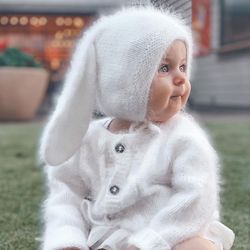 White baby bunny hat with long ears, Angora bonnet newborn, Knitted baby hat, Baby gift easter, Newborn photography prop