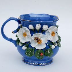 Blue and white porcelain mug Jasmine flowers Handmade mug with decor Bee and flower, Relief cup ,Botanical Ceramics