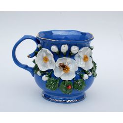 Blue and white porcelain mug Jasmine flowers Handmade mug with decor Bee and flower, Relief cup ,Botanical Ceramics