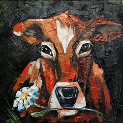 Cow Painting Animal Original Art Impasto Artwork Farmhouse wall Art 10 by 10 in