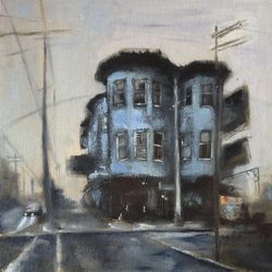 Original oil painting Night City street House