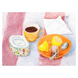 Tea Cup Painting Still Life Original Art Tea Time Painting Fruit Small Wall Artwork