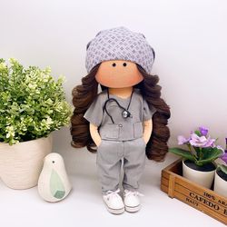 Cute rag doll Tilda Doctor with one handmade stethoscope